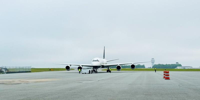 OUR 757 CARGO PLANE PREPARES FOR TAKEOFF TO TRANSPORT RELIEF SUPPLIES TO SUDAN.