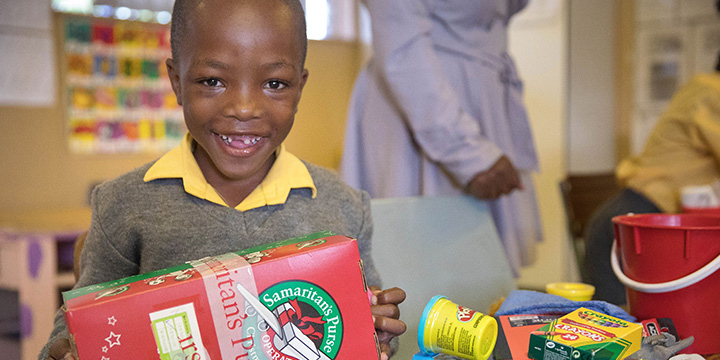 Boy in Namibia with shoebox gift