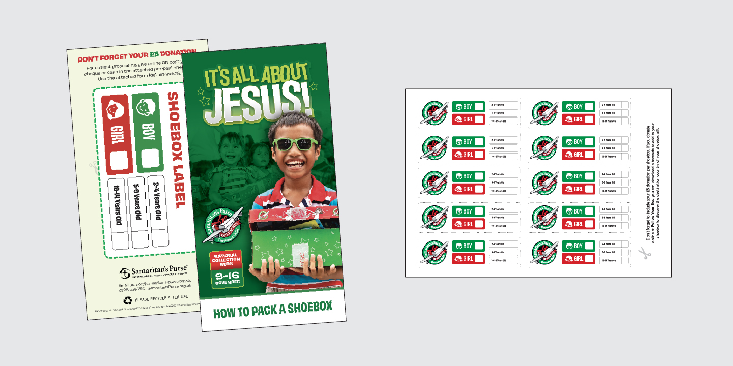 Operation Christmas Child 2026 leaflet and labels
