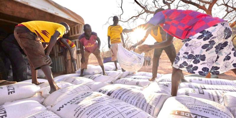 Food is unloaded and organized for beneficiaries.