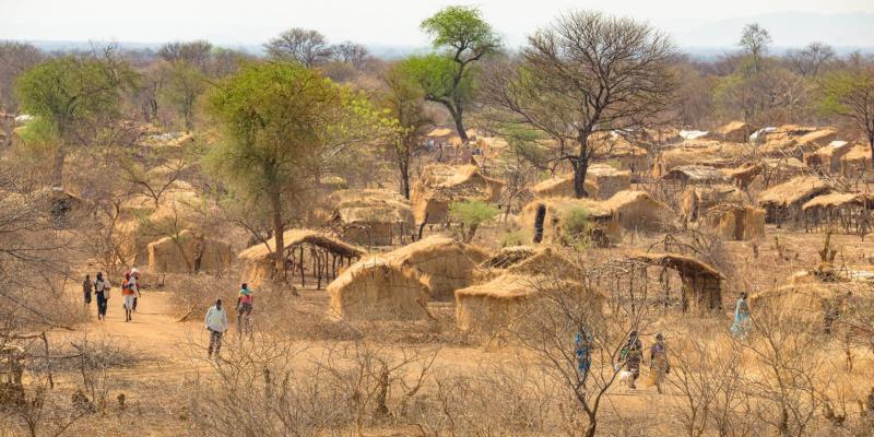 DISPLACED SUDANESE FAMILIES BUILT MAKESHIFT SHELTERS IN A REFUGEE CAMP.