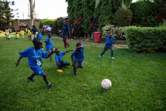 BOYS LOVE TO PLAY SOCCER DURING FREE TIME AT HEART CAMP.