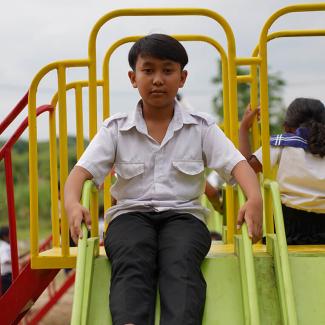 Kimsan’s favourite part of the new school is the playground he gets to enjoy with his friends.