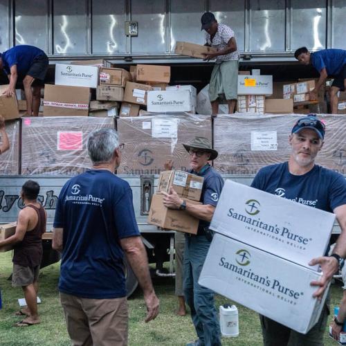 The Samaritan's Purse team unloads components of the Emergency Field Hospital in Naypyidaw.